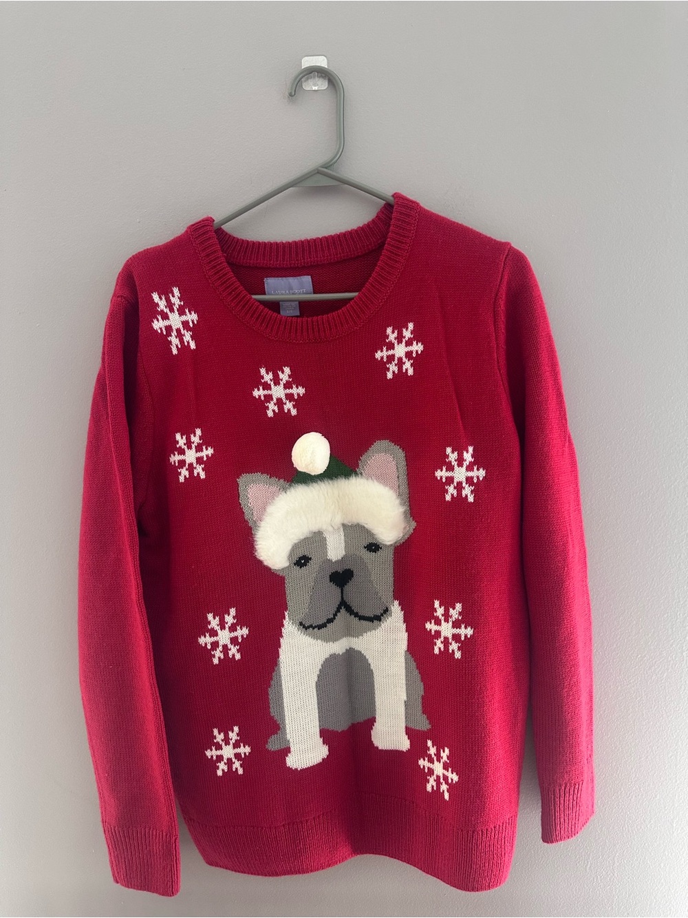 Laura Scott Red Crewneck Sweater with Festive Dog Motif Ugly Christmas Sweater
